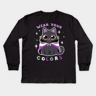 Asexual LGBT Pride Cat - Kawaii Rainbow Kitty - Wear your colors Kids Long Sleeve T-Shirt